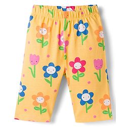 Babyhug Cotton Knit Half Sleeves T-Shirt & Capri Co-ord Night Suit With Floral Print - Yellow