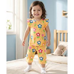 Babyhug Cotton Knit Half Sleeves T-Shirt & Capri Co-ord Night Suit With Floral Print - Yellow