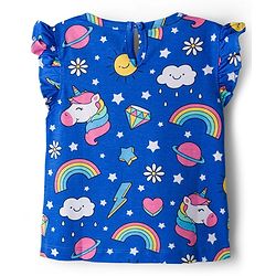 Babyhug Cotton Knit Half Sleeves Unicorn Theme Printed Co-Ords T-Shirt & Capri Night Suit - Blue