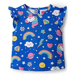 Babyhug Cotton Knit Half Sleeves Unicorn Theme Printed Co-Ords T-Shirt & Capri Night Suit - Blue