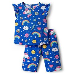 Babyhug Cotton Knit Half Sleeves Unicorn Theme Printed Co-Ords T-Shirt & Capri Night Suit - Blue