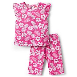 Babyhug Cotton Knit Half Sleeves T-Shirt & Capri Co-ord Night Suit With Floral Print - Pink