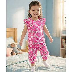Babyhug Cotton Knit Half Sleeves T-Shirt & Capri Co-ord Night Suit With Floral Print - Pink
