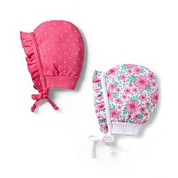 Babyhug 100% Cotton Interlock Knit Baby Caps With Floral & Polka Dots Print Pack of 2 Multicolor - Diameter 10 cm