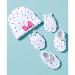 Babyhug 100% Cotton Knit Cap Mittens & Booties With Floral Print Multicolor - Diameter 10 cm