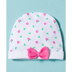 Babyhug 100% Cotton Knit Cap Mittens & Booties With Floral Print Multicolor - Diameter 10 cm