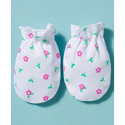Babyhug 100% Cotton Knit Cap Mittens & Booties With Floral Print Multicolor - Diameter 10 cm