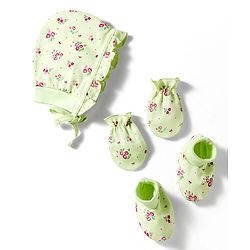 Babyhug 100% Cotton Interlock Knit Cap Mittens & Booties With Floral Print Multicolor - Diameter 13 cm