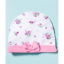 Babyhug 100% Cotton Knit Cap Mittens & Booties With Floral Print Multicolor - Diameter 9.5 cm
