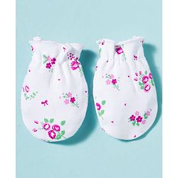 Babyhug 100% Cotton Knit Cap Mittens & Booties With Floral Print Multicolor - Diameter 9.5 cm