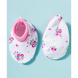 Babyhug 100% Cotton Knit Cap Mittens & Booties With Floral Print Multicolor - Diameter 9.5 cm