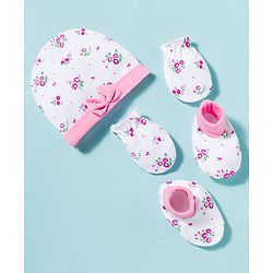 Babyhug 100% Cotton Knit Cap Mittens & Booties With Floral Print Multicolor - Diameter 9.5 cm