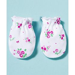 Babyhug 100% Cotton Knit Cap Mittens & Booties With Floral Print Multicolor - Diameter 9.5 cm