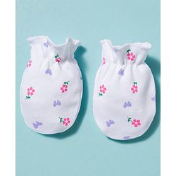 Babyhug 100% Cotton Knit Cap Mittens & Booties With Floral Print Multicolor - Diameter 9.5 cm