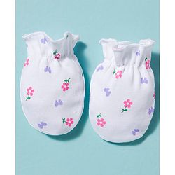 Babyhug 100% Cotton Knit Cap Mittens & Booties With Floral Print Multicolor - Diameter 9.5 cm