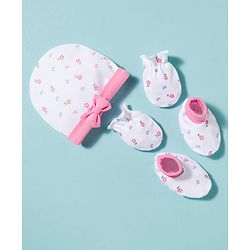 Babyhug 100% Cotton Knit Cap Mittens & Booties With Floral Print Multicolor - Diameter 9.5 cm