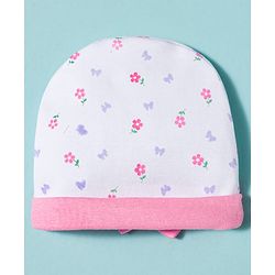 Babyhug 100% Cotton Knit Cap Mittens & Booties With Floral Print Multicolor - Diameter 9.5 cm