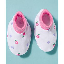 Babyhug 100% Cotton Knit Cap Mittens & Booties With Floral Print Multicolor - Diameter 9.5 cm