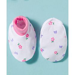 Babyhug 100% Cotton Knit Cap Mittens & Booties With Floral Print Multicolor - Diameter 9.5 cm
