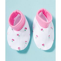 Babyhug 100% Cotton Knit Cap Mittens & Booties With Floral Print Multicolor - Diameter 9 cm