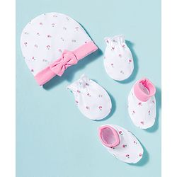 Babyhug 100% Cotton Knit Cap Mittens & Booties With Floral Print Multicolor - Diameter 9 cm