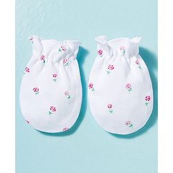 Babyhug 100% Cotton Knit Cap Mittens & Booties With Floral Print Multicolor - Diameter 9 cm