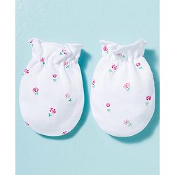 Babyhug 100% Cotton Knit Cap Mittens & Booties With Floral Print Multicolor - Diameter 9 cm
