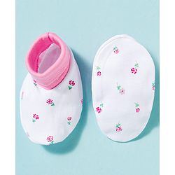 Babyhug 100% Cotton Knit Cap Mittens & Booties With Floral Print Multicolor - Diameter 9 cm