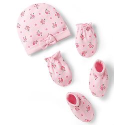 Babyhug 100% Cotton Knit Cap Mittens & Booties with Floral Print Multicolor - Diameter 15.5 cm