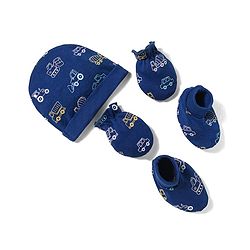 Babyhug 100% Cotton Knit Cap Mittens & Booties With Vehicle Print Multicolor - Diameter 16 cm