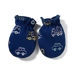 Babyhug 100% Cotton Knit Cap Mittens & Booties With Vehicle Print Multicolor - Diameter 16 cm