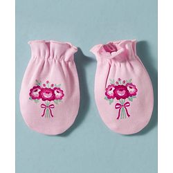 Babyhug 100% Cotton Knit Floral Printed Mittens & Booties Set - Pink