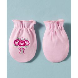 Babyhug 100% Cotton Knit Floral Printed Mittens & Booties Set - Pink