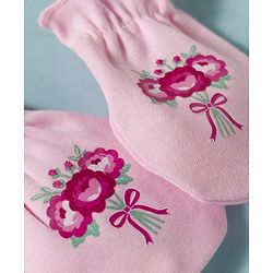 Babyhug 100% Cotton Knit Floral Printed Mittens & Booties Set - Pink