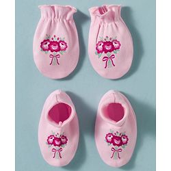 Babyhug 100% Cotton Knit Floral Printed Mittens & Booties Set - Pink