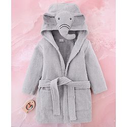 Babyhug Terry Knit Full Sleeves  Hooded Bath Robe With Elephant Applique - Grey