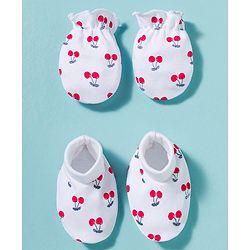Babyhug 100% Cotton Knit Mittens & Booties With Cherry Print - Multicolor