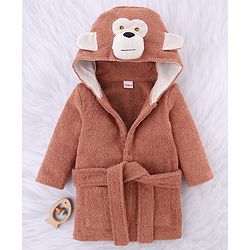 Babyhug Knit Terry Unisex Bath Robe With Monkey Hood - Brown