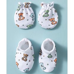 Babyhug 100% Cotton Knit Mittens & Booties With Teddy Bear Print - Multicolor