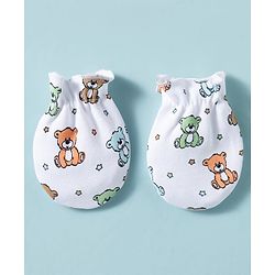 Babyhug 100% Cotton Knit Mittens & Booties With Teddy Bear Print - Multicolor