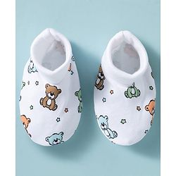 Babyhug 100% Cotton Knit Mittens & Booties With Teddy Bear Print - Multicolor
