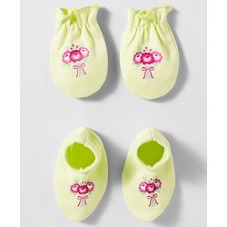 Babyhug 100% Cotton Interlock Knit Mittens & Booties Set With Floral Print - Green