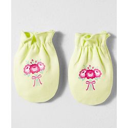 Babyhug 100% Cotton Interlock Knit Mittens & Booties Set With Floral Print - Green