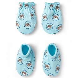Babyhug 100% Cotton Knit Mittens & Booties with Teddy Print - Multicolor
