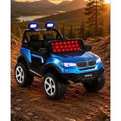 Babyhug Battery Operated Ride on Jeep with Music & LED Lights - Blue| Rechargeable Battery|Openable Doors| AUX|Remote Control|Easy to Assemble| Forward & Reverse| Magic Swing Movement