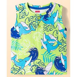 Babyhug Single Jersey Knit Half Sleeves Striped T-Shirt & Shorts Set with Tee & Jungle Theme Print - Blue