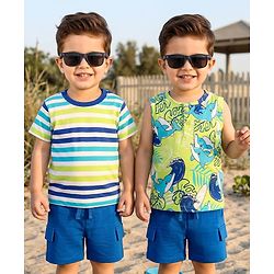 Babyhug Single Jersey Knit Half Sleeves Striped T-Shirt & Shorts Set with Tee & Jungle Theme Print - Blue