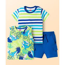 Babyhug Single Jersey Knit Half Sleeves Striped T-Shirt & Shorts Set with Tee & Jungle Theme Print - Blue