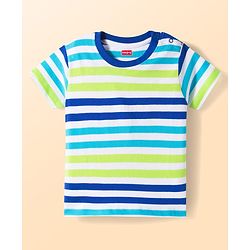 Babyhug Single Jersey Knit Half Sleeves Striped T-Shirt & Shorts Set with Tee & Jungle Theme Print - Blue
