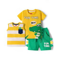 Babyhug 100% Cotton Knit Half Sleeves & Sleeveless Striped Crocodile Printed T-Shirt & Shorts Set - Multicolour & Green